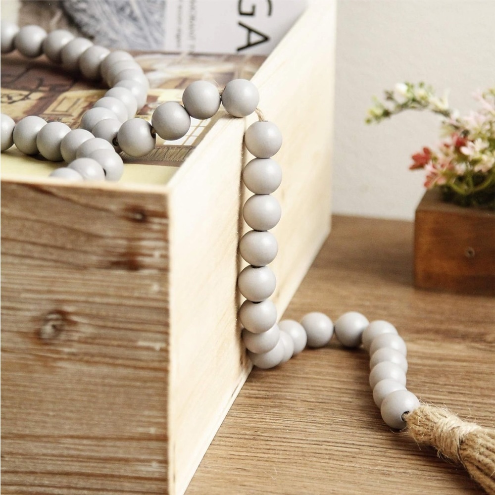 Rustic Boho Farmhouse Modern Cute Grey Beads/Wood Tie Tassel Garland Home Decor - Picture 2 of 5